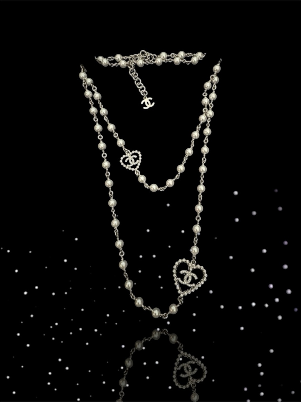 🆕💗CHANEL Long Necklace Faux Pearl Strass Crystals Crochet Heart CCs • NWTB
